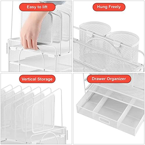 Marbrasse Desk Organizers, 4-Tier Mesh Desk File Organizer with 5 Vertical File Holders and 2 Pen Holders, Multifunction Desktop Organizer,Desk Organizers and Accessories for Home Office (White) - Image 2