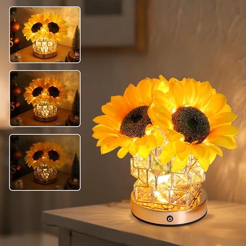 Sunflower Flower Lamp Gifts for Women, 3 Color Dimming Night Light for Womens Mom Her Daughter Christmas Anniversary Birthday Gifts, Bedroom Coffee Shop Decor Rechargeable Cordless Touch Lamp by Hibeauti