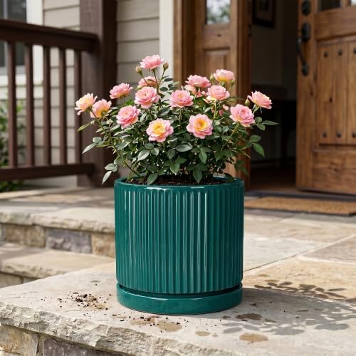 Ceramic Flower Pots, 10 Inch Planter with Saucer, Blackish Green - Image 7