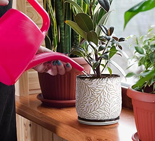 D'vine Dev Embossed Leaves Ceramic Planter, 5 in, Smoked White, 27-A-V-1 - Image 2