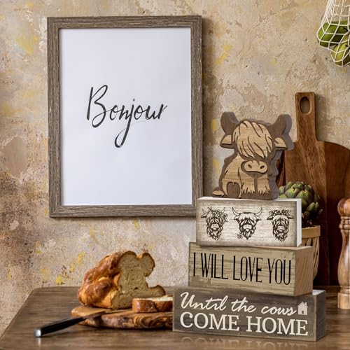Moucuny 4 Pcs Highland Cow Table Decorations Cow Wooden Signs - Image 6