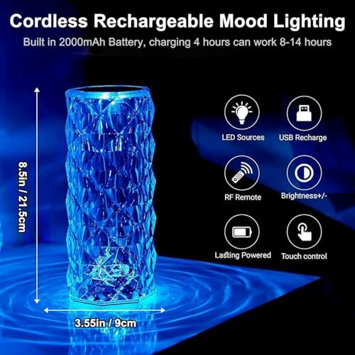 2-Pack Crystal Table Lamp Touch, 16 Color Changing Night Light, Rechargeable, Dimmable, RGB Rose Diamond Mood Lighting, Protable Cordless Desk Lamp Bedside Led Light for Bedroom Living Room Party - Image 3
