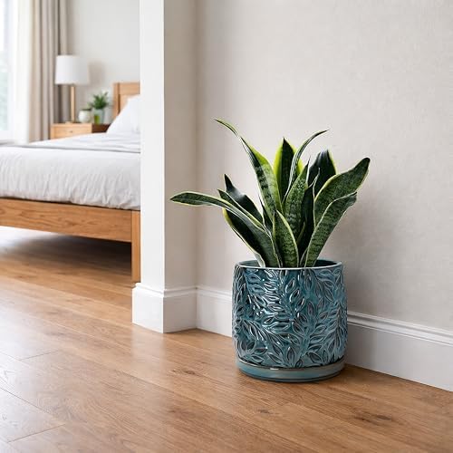 D'vine Dev Embossed Leaves Ceramic Planter, 8 in, Ocean Teal, 27-A-Q-8 - Image 7