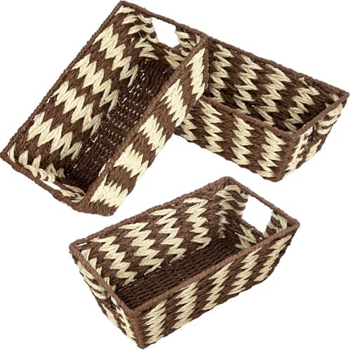Paper Rope Storage Baskets for Shelves Organizing, Small Hand Woven Wicker Organizer Basket with Handle for Bathroom Toilet Paper Storage, Beige and Brown, 3-Pack by homyfort