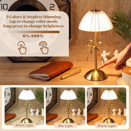 Liliful 2 Pcs Cordless Table Lamp LED Touch, Gold, Mushroom Style Bow - Image 4