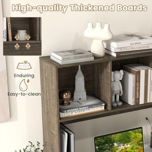 GIANTEX Desktop Bookshelf, Countertop Storage Hutch with 4 Shelves for Computer Desk, Dressing Tabletop Display Rack, Multipurpose Desk Hutch Storage Organizer for Home Office Dorm (Grey Oak) - Image 5