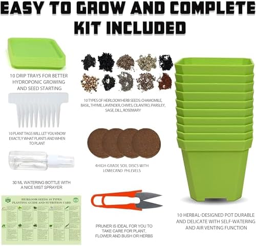 Meekear 10 Herb Seeds Garden Starter Grow Kit with Green Pots, Markers, Soil Discs, Watering, Herb Clipper, Complete Indoor Potted Plant Growing Set for Kitchen DIY - Image 2