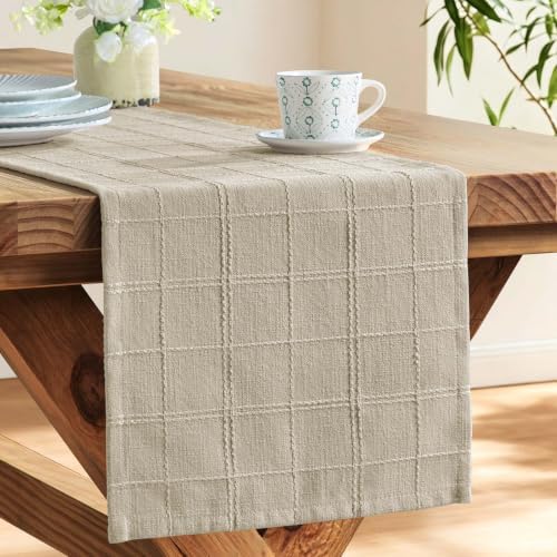 ZeeMart Linen Checked Farmhouse Table Runner, 13x48 Inches Oatmeal - Image 4