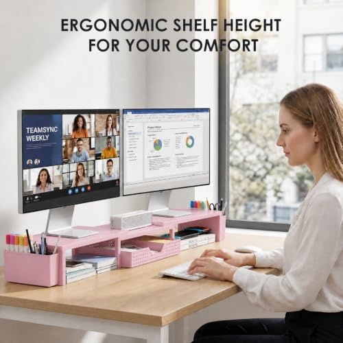 OPNICE Desk Organizers and Accessories, Dual Monitor Stand Riser with Drawer and 2 Pen Holders, Desk Shelf Printer Stand for Office Workspace Organizers, Desktop Organization (Pink) - Image 2
