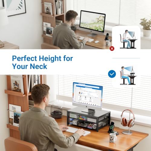OPNICE Desk Organizer and Accessories, 2-Tier Computer Monitor Stand Riser with 2 Drawer, Laptop Stand, Office Desk Accessories for Office Supplies, Black - Image 3