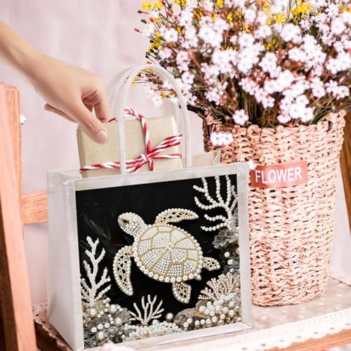 Xylzzuit DIY Pearl Painting Canvas Tote Bag Kit 11.42IN Diamond Art Handbag for Women Shopping Grocery Bag Dots Beads Art Craft Gift (Turtle) - Image 2