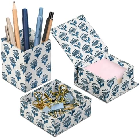 CPC Apatite Blue Block Print Set of 3 Desk Organizer by COTTONPRINTCLUB