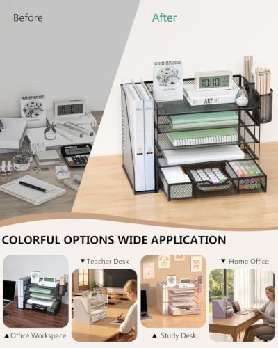 WALI Desk File Organizer, 5 Tier Desktop Paper Letter Tray Organizer with Drawer and 2 Pen Holders, Office Desk Accessories & Workspace Organizers for Office, Home Supplies(DO006DH-B), 1 Pack, Black - Image 6