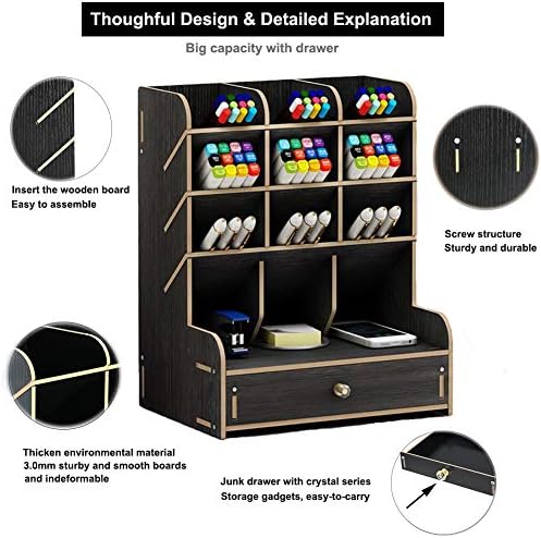 Marbrasse Wooden Desk Organizer, Multi-Functional DIY Pen Holder, Organizer for desk, Desktop Stationary, Easy Assembly, Home Office Art Supplies Storage with Drawer (B11-Black) - Image 4