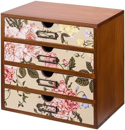 4-Drawer Vintage Desk Organizer with Jacobean Pattern Pastel Flowers Curio Drawer Dresser, Closet, Tabletop - Embroidery Reel Shelf Wood Desktop Organizing Cabinet - Victorian Floral Design by Woodaholic