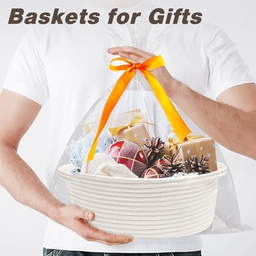 Pro Goleem Small Woven Basket with Gift Bags and Ribbons Durable Baskets for Gifts Empty Small Rope Basket for Storage 12"X 8" X 5" Baby Toy Bin with Handles, White - Image 3
