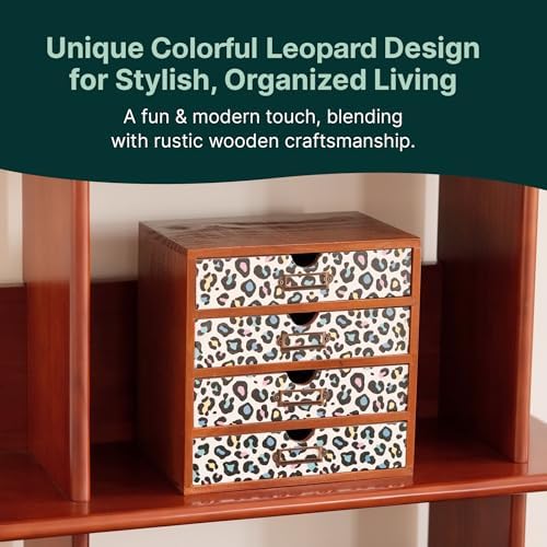 Colorful Leopard Print Wooden Desk Organizer - 4-Drawer Desktop Storage Cabinet for Office Supplies, Craft Tools & Home Organization - Trendy Wood Design for Crafters, Art Enthusiasts, Students - Image 5