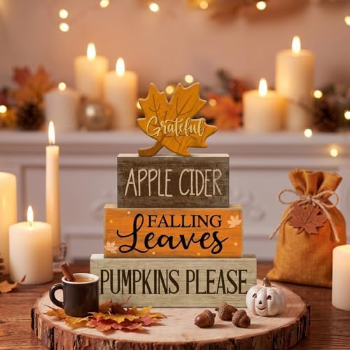 Moucuny 4 Pcs Fall Table Decor for Home, Wooden Grateful Maple Leaf Signs - Image 6