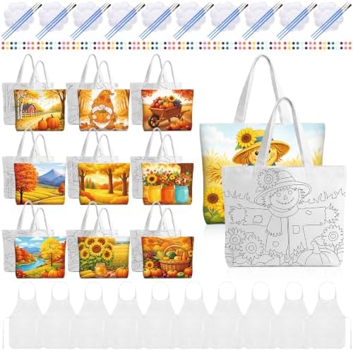 Locmeo 10 Set Paint and Sip Canvas Bags Pre Drawn Kit,Autumn by Locmeo