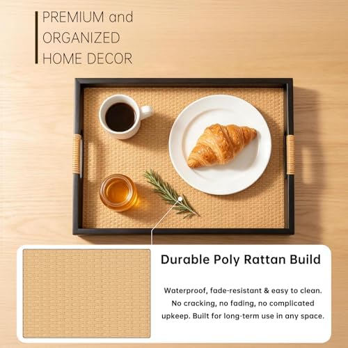 Wood Ottoman Tray, Rectangle Coffee Table Tray, Rattan Serving Tray - Image 3