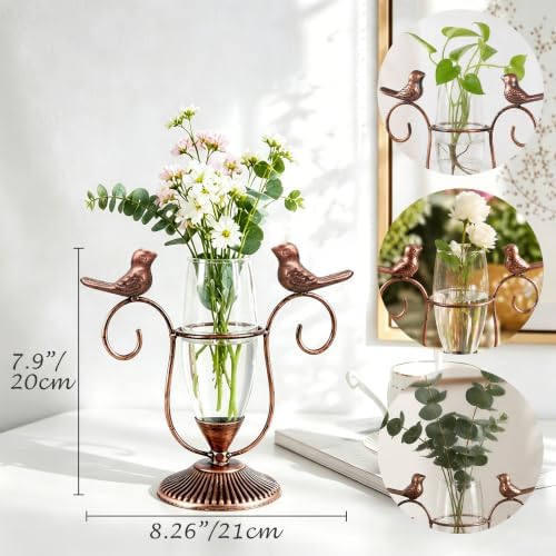 Hydroponic Plant Vases, Plant Terrarium, Plant Propagation Station Metal Vintage Style Desktop Decor Gifts for Plant Lovers (Copper Bird, 8.26"×7.9") - Image 2
