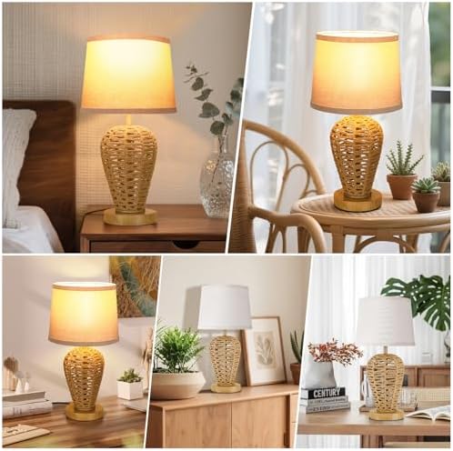 19" Boho Table Lamp with 100% Hand Woven Rattan Body & Wood Grain Finish - Image 6