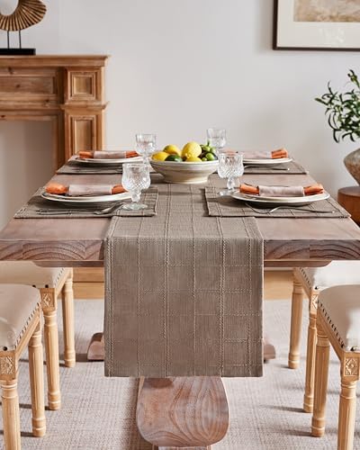 ZeeMart Linen Checked Farmhouse Table Runner, 13x48 Inches Cocoa Brown - Image 2