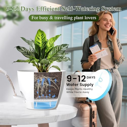 Plant Pots, 1 Pack 12 Inch Self Watering Pots with Drainage Holes, Water Level Indicator Deep Reservoir, Large Planters for Indoor Outdoor Plants - White - Image 4
