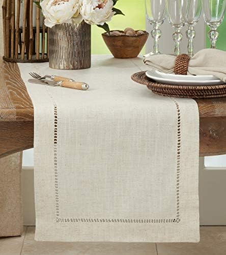 Saro Lifestyle Poly and Linen Blend Hemstitched Table Runner with Hemstitch Border, 16"x45", Natural - Image 3