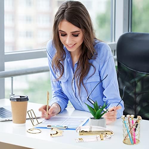 EOOUT Gold Office Supplies Set Desk Accessories, Acrylic Stapler Set Staple Remover, Phone Holder, Tape Holder, Pen Holder, 2 Ballpoint Pen, Scissor, Binder Clips, Ruler, Transparent Glue and Staples. - Image 6