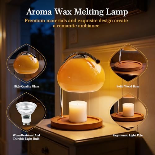 Topyond Aroma Wax Melting Lamp, Retro Wood Glass Candle Warmer，Yellow - Image 3