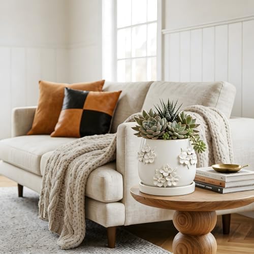 6 Inch Ceramic Plant Pot with 3D Floral Relief Embossed Texture Ivory White - Image 6