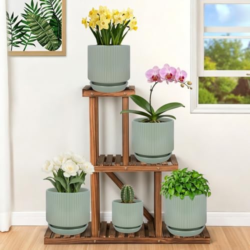 Ceramic-5-inch-Flower-Pots-with-Saucer, Small Planters for Indoor Plants with Drainage Hole, White Textured Vertical Stripe Plant Pots for Home Decor, Garden Pot For Succulent Cactus Mint Basil Herb - Image 7