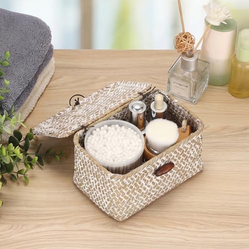 Hipiwe Wicker Shelf Basket Box Mini Seagrass Baskets with Lid,6.1"x4"x3.3" - Image 2