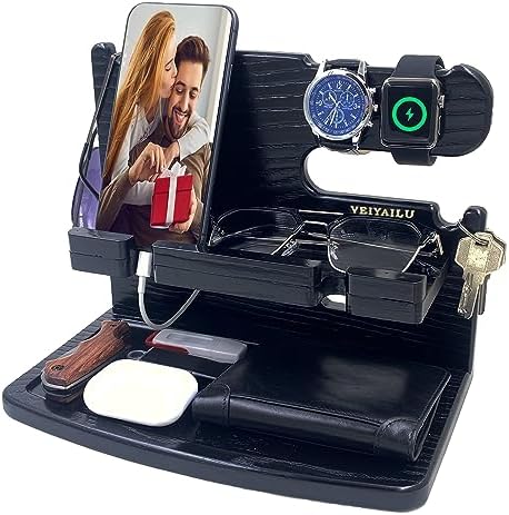 VEIYAILU Gifts for Men Dad Women Husband Boyfriend Him Desk or Nightstand Organizer for Men Wood Phone Docking Station Birthday Gifts Anniversary Idea from Wife - Key Holder, Watch(Black) by VEIYAILUGiftsForMen
