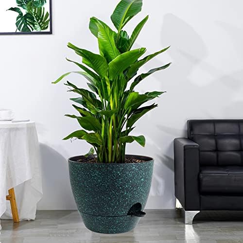 UOUZ 12 inch Large Self Watering Pots, Plastic Planters with 60oZ Removable Deep Reservoir and Multi Mesh Drainage Holes for Indoor Outdoor Garden Plants and Flowers, Black with Green Speckles - Image 6