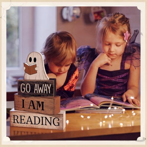 Moucuny 4 Pcs Halloween Table Decor Wooden Ghost Reading Stacked Block Sign - Image 6