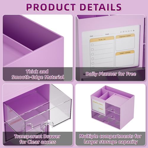 Marbrasse Desk Organizer with 3 Drawer, Multi-Functional Pencil Pen Holder, Desk Organizers and Accessories with 4 Compartments,Desktop Organizer Storage for Office Home Art Supplies (Purple) - Image 6