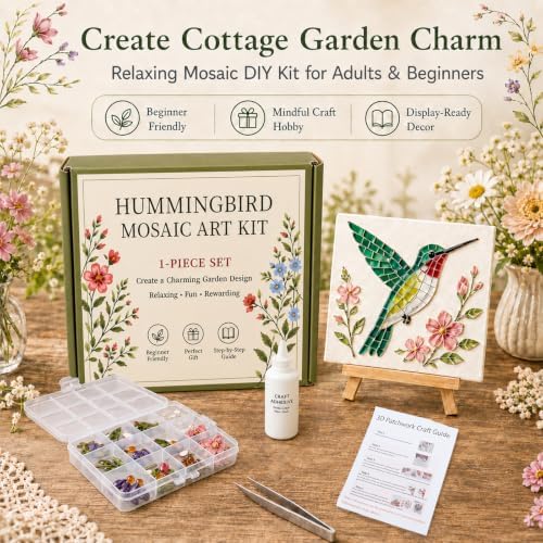Hummingbird Mosaic Art Kit for Adults: DIY Floral Acrylic Art Kits with Pre-Cut Pieces, Glue & Tools - Complete Mosaic Kits for Creative Home Decor & Relaxing Craft, B - Image 2