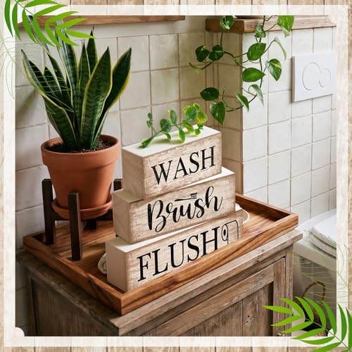 Moucuny 3 Pcs Bathroom Decor Wooden Block Signs Farmhouse Rustic - Image 6