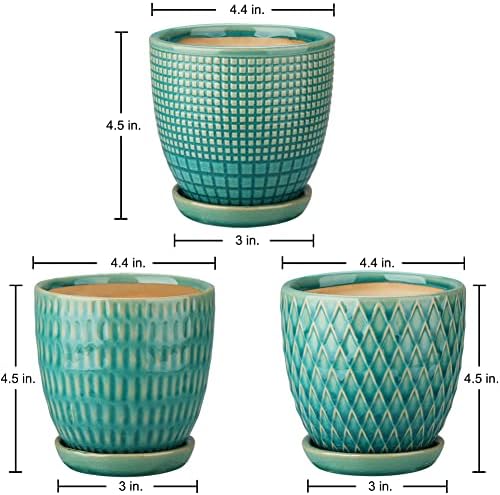 Oairse 4 inches Ceramic Planters Pots for Indoor Plants 3 Set of Small Round Flower Pots with Drainage Hole and Ceramic Tray Modern Planters Set for Succulents Cactus Garden Home Windowsill Table - Image 3