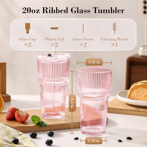 20oz Iced Coffee Cups with Lids, Ribbed Glass Cups with Lids and Straws - Image 5