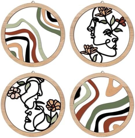 HPNIUB Boho Fashion Woman Wall Decor, Abstract Geometric Line Hanging Wooden Wall Art, 4 Pieces 10''x10'' Minimalist Aesthetic Female Women Face and Floral Wood Sign for Bedroom Living Room, Lady Gift by HPNIUB