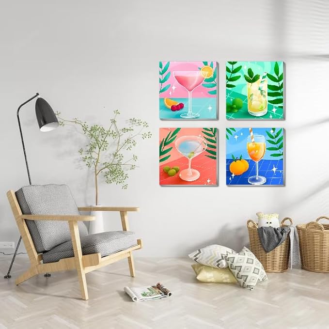 Canrichshop 4 Framed Vintage DIY Paint by Numbers Kit for Adults Beginner,Retro Cocktail Easy Painting by Number with Canvas,Acrylic Paint Kit Arts and Crafts for Adults for Decor 8x8inch