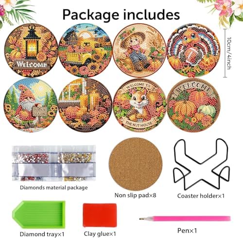 8 Pcs Fall Diamond Art Coasters Kits, Diamond Painting Coasters Kits ﻿ ﻿ - Image 4