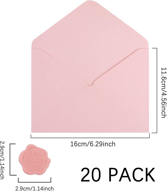 20 Pack Pink Envelopes 4x6 for Invitation, A4 Invitation Envelope with Wax Seal Sticker for Birthday, Weddings, Graduations, Greeting Cards, Baby Shower Invite