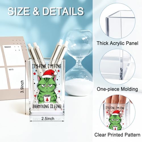 It's Fine I'm Fine Everything Is Acrylic Makeup Brush Pencil Holder Cup, Funny Cat Pen Holder Gifts For Friends HR Nurse, Christmas Office Gifts for Women Coworker, Pencil Cup for Desk - Image 2