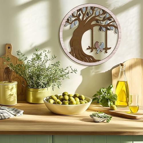 Oubasa Wooden Wall Plaque Tree of Life Birds, 12 Inch, Beige - Image 4