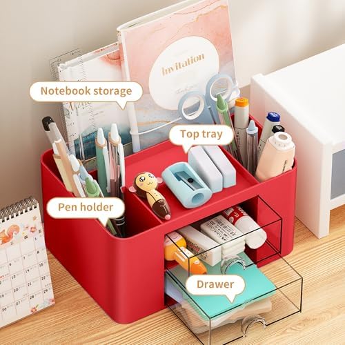 Marbrasse Pen Organizer with 2 Drawer, Multi-Functional Pencil Holder for Desk, Desk Organizers and Accessories with 5 Compartments + Drawer for Office Art Supplies (Red) - Image 2