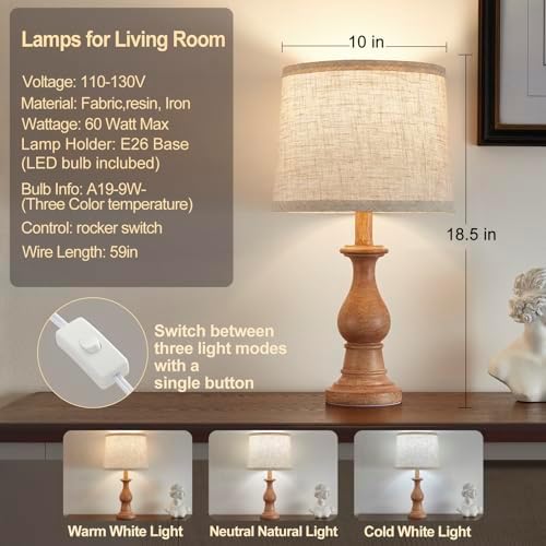 Table Lamps Set of 2, 18.5" Vintage Bedside Lamps for Bedroom Living Room - Image 3
